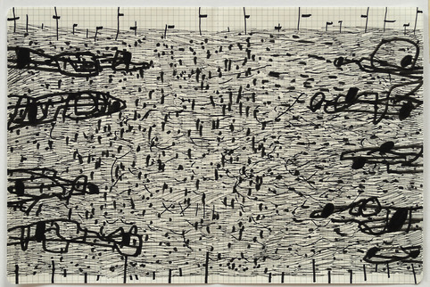 Andreas Opiolka; „Sylvabelle-18“; alle Arbeiten 2009; aus der Serie Sylvabelle; 25 x ca. 38 cm; China-Tusche-Stifte auf kariertem Moleskine-Papier