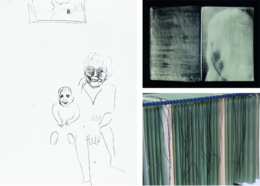 Abb.: Johanna Hutter, „o.T.“, Kaltnadelradierung, 2015, 24,5 x 33cm (Plattengröße) (links); Mathias Hartmann, „Drehbuch #1“, 2016, Fotografie/Siebdruck, 29,7 x 42 cm (oben rechts); Anna Schwehr, „Seltsam im Nebel“, 2016 (Installation)