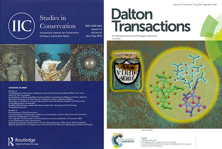 Abb.: Titelblätter des Jahrgangs 63/2018 von Studies in Conservation (links) und von Heft 25/2018 der Dalton Transactions (rechts)