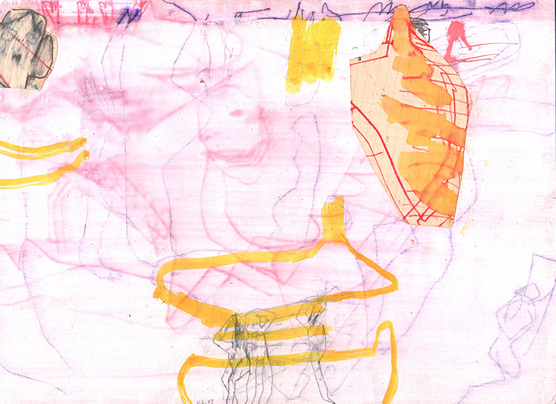 Abb.: Volker Lehnert, Auch solche Figuren im Park, 2003, Kugelschreiber, Aquarell, Leinfarbe auf Papier, 21 x 30 cm
