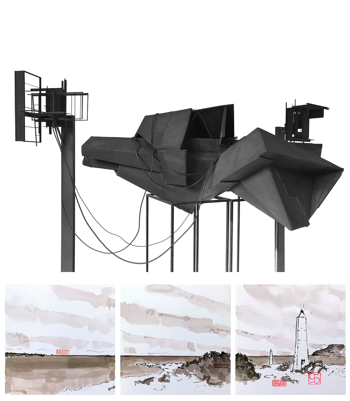 Abb.: oben: Karl-Heinz Bogner „Installation Ort_Station (Variante _01)“, unten: Florian Stocker „Peiltürme“ 