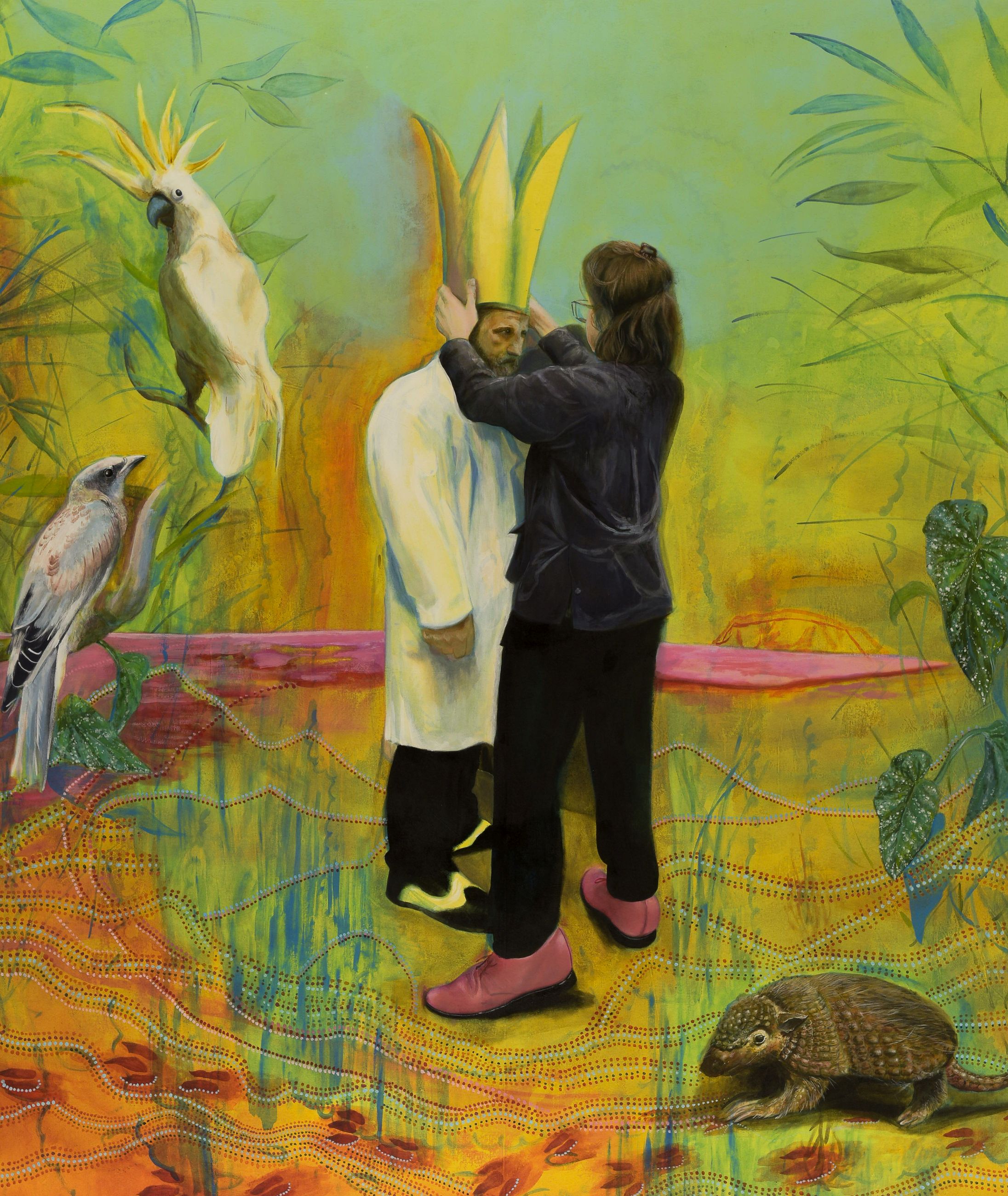 Abb.: Vivien Ruxton, „The Wanderers (Armadillo and Cockatoo)“, 2017,
Acryl auf Leinwand, 185 x 153 cm (Foto: Nadine Bracht)