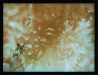 Eine Ich-Perspektive einer Figur, die eine Pistole auf einen hellen, abstrakten Licht- oder Energieausbruch in warmen Tönen richtet, wobei das Bild von einem dunklen Rand eingerahmt wird.