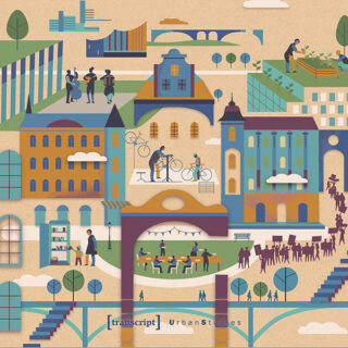 Illustration einer Stadtlandschaft mit Menschen, die Aktivitäten wie Radfahren, Gartenarbeit, Essen, Lesen und Zusammenkünften in verschiedenen städtischen Umgebungen nachgehen.