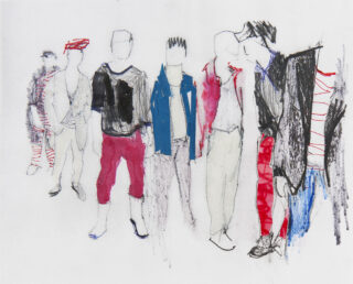 Eine Skizze von sechs gesichtslosen Figuren in Freizeitkleidung, deren Outfits durch die Farben Rot, Blau und Schwarz akzentuiert sind, die in einer lockeren Gruppenformation stehen.