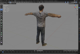 Ein 3D-Menschenmodell in einer T-Pose wird in Blender mit einer sichtbaren Drahtgitter-Mesh-Überlagerung und Ansichtsfensterstatistiken auf der linken Seite angezeigt.