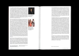 Eine doppelseitige Magazinstrecke mit deutschem Text; die linke Seite zeigt zwei Bilder: ein Porträt eines Mannes und ein Kunstwerk von zwei Frauen. Die rechte Seite enthält nur Text.