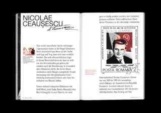 Aufgeschlagenes Buch mit einer Seite über Nicolae Ceaușescu, seiner Unterschrift und einer rumänischen Briefmarke mit seinem Porträt. Der Text erscheint auf Deutsch.