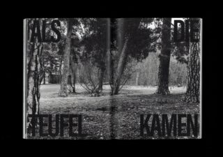 Schwarzweißfoto einer Waldlandschaft, gedruckt in einem Buch, mit dem großen deutschen Text „ALS DIE TEUFEL KAMEN“ über dem Bild.
