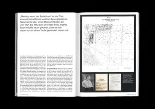 Eine deutsche Buchseite mit Text auf der linken Seite und einer Karte, einem Foto einer Frau und mehreren Dokumenten auf der rechten Seite.