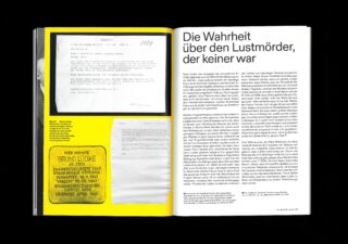 Eine Zeitschriftenseite mit deutschem Text, darunter die Überschrift „Die Wahrheit über den Lustmörder, der keiner war“, getippte Dokumente und ein gelber Abschnitt mit einem Adressaufkleber für Bruno Lüdke.