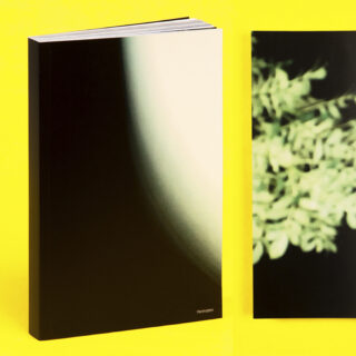 Ein schwarz-weißes Buch mit abstraktem Cover steht neben einem teilweise sichtbaren Buch mit einem grünen, verschwommenen Pflanzenbild, beide vor einem leuchtend gelben Hintergrund.