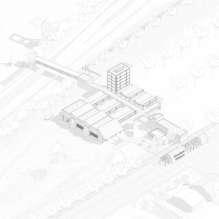 Isometrische Architekturzeichnung, die eine Gruppe von Gebäuden, Bäumen, Wegen und beschrifteten Elementen zeigt, darunter ein Bauwerk mit der Aufschrift „Gasholder House“.