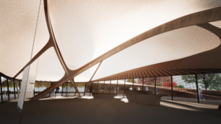 Großer, modern gestalteter Raum mit einer geschwungenen Dachkonstruktion, großen Oberlichtern und Menschen, die in der Nähe von Informationsschaltern und Glaswänden stehen.