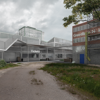 Ein modernes Gebäude mit einer Glas- und Metallstruktur, einer Ziegelfassade, einer Rutsche, „Tickets“-Beschilderung und digitalen Textüberlagerungen unter einem bewölkten Himmel.