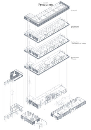 Axonometrische Explosionszeichnung eines mehrstöckigen Gebäudes mit getrennten Stockwerken, die mit Dachgarten, Wohn-, Gemeinschaftswohn- und Arbeitsbereichen beschriftet sind, sowie detaillierter Innenaufteilung.