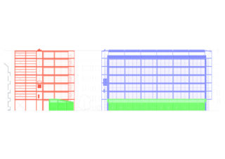 Architektonische Aufrisszeichnung, die zwei nebeneinander liegende Gebäude zeigt; das linke Gebäude ist rot umrandet, das rechte blau, und die Erdgeschosse sind grün hervorgehoben.