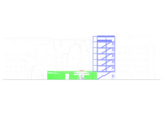 Architektonische Schnittzeichnung, die ein niedriges grünes Gebäude und ein angrenzendes hohes blaues Treppenhaus vor einem schwachen Hintergrund aus Bäumen und mehrstöckigen Gebäuden zeigt.