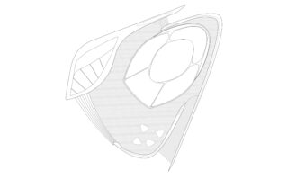 Abstrakter architektonischer Grundriss mit geschwungenen Linien, einem ovalen Mittelbereich, dreieckigen Formen und einem unterteilten Raum auf der linken Seite.