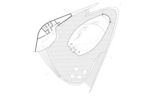 Schwarzweißer architektonischer Grundriss, der ein unregelmäßig geformtes Gebäude mit deutlich unterscheidbaren Abschnitten und geschwungenen Linien zeigt, einschließlich verschiedener Räume und offener Flächen.