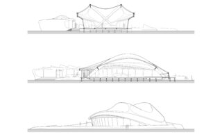 Drei Architekturschnittzeichnungen zeigen moderne, skulpturale Gebäude mit geschwungenen Formen und unterschiedlichen Dachkonstruktionen, nebeneinander auf weißem Hintergrund dargestellt.