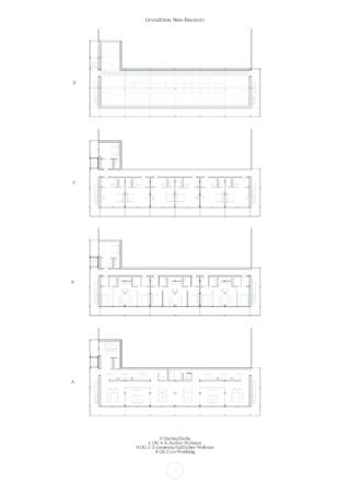 Architektonischer Bauplan mit vier von A bis D bezeichneten Grundrissen für ein rechteckiges Gebäude, wobei auf jeder Ebene Zimmer, Treppenhäuser und Gemeinschaftsbereiche angegeben sind.