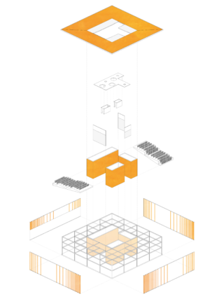 Explodiertes axonometrisches Diagramm, das den geschichteten Aufbau eines kubischen Gebäudes mit orangefarbenen Strukturelementen und Innenkomponenten über einer Gitterbasis zeigt.