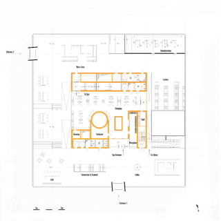 Architektonischer Grundriss mit gekennzeichneten Bereichen, darunter Lobby, Café, Nachrichtenbereich, Verwaltung, Schließfächer, Bibliothek und ein zentraler Spa-Bereich mit Rezeption, Umkleide- und Technikräumen.
