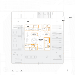 Architektonischer Grundriss mit Bereichen wie Lounge, Drucken, Entspannen, Reinigung, Dampfbad, Umkleide, Hammam und einem Spa-Bereich im Freien. Die Bereiche sind orange umrandet.