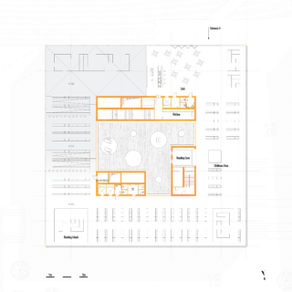 Architektonischer Grundriss mit orange umrandeten Bereichen für Küche, Café, Lesebereich und Leseschule in einem größeren offenen Grundriss mit Tischen und Sitzgelegenheiten.