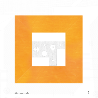 Ein quadratischer orangefarbener Rahmen umgibt einen weißen zentralen Bereich mit einem geometrischen Grundriss, der kreisförmige und rechteckige Formen enthält.