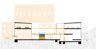 Architektonische Querschnittszeichnung eines mehrstöckigen Gebäudes mit Innenräumen, Strukturelementen und Höhenniveaus mit minimalen Farbhervorhebungen.