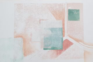 Abstraktes Kunstwerk mit überlappenden Pastellrechtecken in Grün- und Pfirsichtönen, mit sanfter Schattierung und schwachen geometrischen Linien auf blassem Hintergrund.