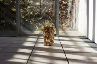 Eine kleine, kunstvoll geschnitzte Holzskulptur steht auf einem gefliesten Boden in einem sonnendurchfluteten Raum mit großen Glasfenstern und sichtbarem Laub.