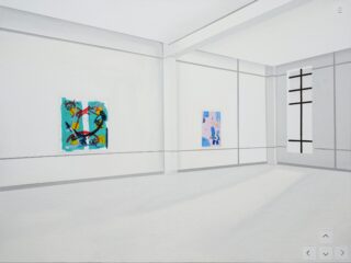 Ein minimalistisch weißer Galerieraum mit zwei farbenfrohen abstrakten Gemälden an den Wänden und einem hohen Fenster mit schwarzen Gitterlinien, das Licht hereinlässt.