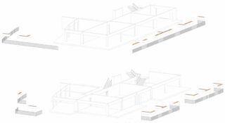 Zwei architektonische axonometrische Diagramme, die die Anordnung von Strukturen, Treppen und freistehenden rechteckigen Bänken in einer gestuften Landschaft zeigen.