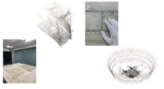 Zusammengesetztes Bild mit Architekturplänen auf Tischen, einer behandschuhten Hand, die einen Plan untersucht, und zwei 3D-Punktwolkenscans – einer von einem Korridor und einer von einer kreisförmigen Struktur.