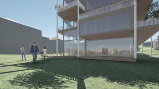 Auf einer Rasenfläche steht ein modernes Glasgebäude mit Balkonen. Drei Personen und ein Radfahrer stehen an einem sonnigen Tag auf der Wiese in der Nähe des Gebäudes.