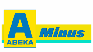 Eine Grafik mit einem großen blauen Buchstaben „A“ über dem Wort „Abeka“ und dem Wort „Minus“ in blauer Schrift, alles auf einem gelben und blaugrünen Hintergrund.