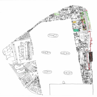 Eine handgezeichnete Luftaufnahme eines Flusses, gesäumt von detaillierten Marktständen und Schildern an einem Ufer, mit mehreren Booten im Wasser und minimalen Details am gegenüberliegenden Ufer.