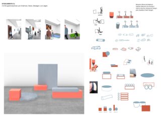 Eine Designpräsentation, die Sitzelementkonzepte mit Fotos, Diagrammen, Skizzen und Materialproben zeigt; zeigt modulare orange und graue Möbelstücke in einem Galerieraum.