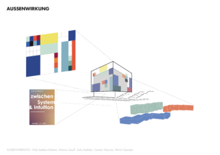 Diagramm, das ein mit farbenfrohen abstrakten Mustern bedecktes Gebäude zeigt, das mit einem Farbraster, einem Poster und Farbblockformen verbunden ist und den Designprozess und die visuelle Identität veranschaulicht.