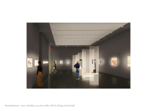 Eine moderne Kunstgalerie, in der Menschen beleuchtete Kunstwerke und Skulpturen betrachten, die unter sanfter Deckenbeleuchtung an Wänden und Podesten ausgestellt sind.