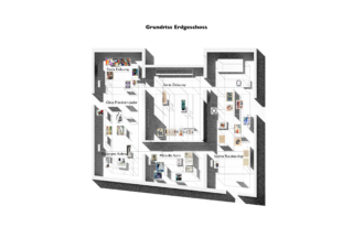 3D-Grundriss einer Kunstausstellung mit der Bezeichnung „Grundriss Erdgeschoss“, mit nach Künstlern benannten Räumen und überall ausgestellten verschiedenen Kunstwerken.