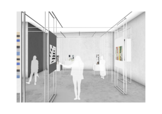 Darstellung einer modernen Kunstgalerie mit minimalistischen Metallrahmen, abstrakten Kunstwerken an den Wänden und Silhouetten von Menschen, die sich die Ausstellungen ansehen.