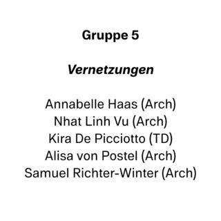 Schwarzer Text auf weißem Hintergrund listet „Gruppe 5 Vernetzungen“ mit fünf Namen und ihren Rollen auf: Annabelle Haas, Nhat Linh Vu, Kira De Picciotto, Alisa von Postel und Samuel Richter-Winter.
