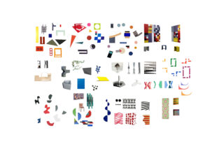 Ein Raster aus verschiedenen bunten abstrakten geometrischen Formen und Mustern, angeordnet auf einem weißen Hintergrund.