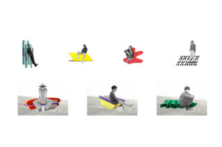 Sechs Personen sitzen oder lehnen auf abstrakten, farbenfrohen geometrischen Formen, die in einem Raster auf weißem Hintergrund angeordnet sind. Jede Form und Pose ist einzigartig.