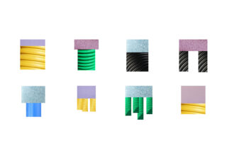 Acht Rechtecke zeigen Kombinationen aus farbigen Texturen und Mustern, darunter Gelb, Grün, Schwarz, Blau und Lila, die jeweils horizontal oder vertikal in einen weißen Hintergrund unterteilt sind.