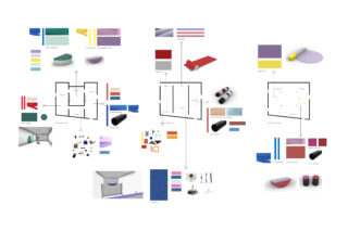 Es werden drei architektonische Grundrisse mit entsprechenden Farbpaletten, Texturen, 3D-Modellen und Materialien angezeigt, die in einem gitterartigen Layout um jeden Plan herum angeordnet sind.